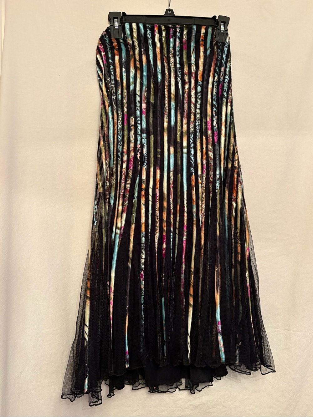Papillon Blanc Black Pleated Maxi Dress with Multicolor Stripe Accents